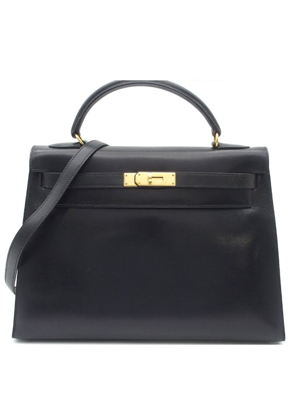 Hermes Kelly 32 Black Gold Box Calf Sellier 2-Way Shoulder Bag